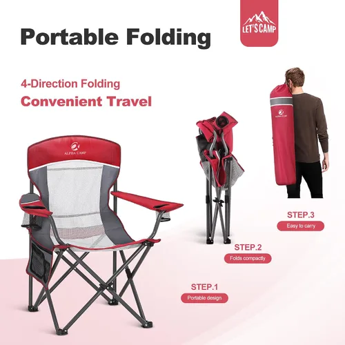 Miniatura 7 de LET'S CAMP Paquete de 2 sillas de campamento con respaldo de malla, portátil, plegable, resistente, para exteriores, 330 libras, silla de brazo Rojo