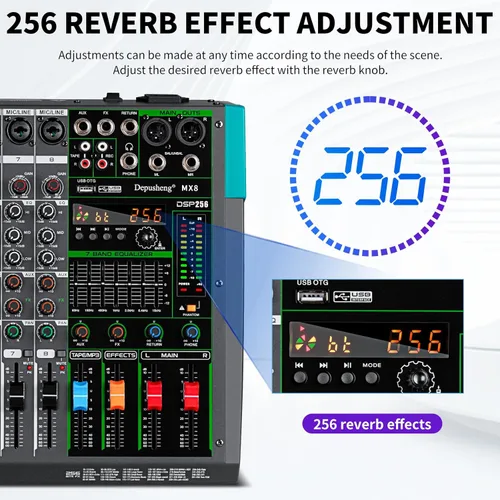 Miniatura 3 de Depusheng MX8 Mezclador de sonido de 8 canales Consola de mezcla de audio 48V 256DSP Profesional USB PC Play Record Podcast Live Broadcast (US MX8)