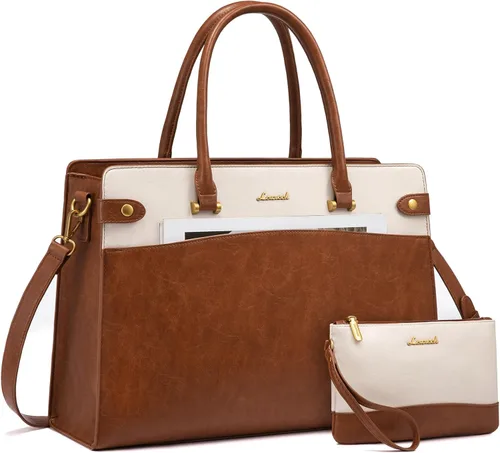 Miniatura 10 de LOVEVOOK Bolsa Tote para Laptop para Mujeres Trabajo, Bolsas de Computadora de Cuero Vintage para Laptops para Mujeres, Bolsa Impermeable