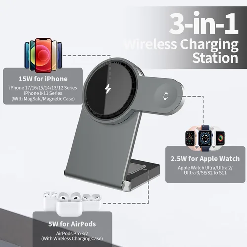 Miniatura 3 de Estación de carga inalámbrica 3 en 1 para iPhone 17 16e 16 15 14 13 12 11 Pro Max, Apple Watch 10 9 8 7 6 5 4 3 2 SE Ultra, AirPods 4 3 Pro, soporte