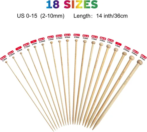 Miniatura 2 de Juego de agujas de tejer de bambú, 18 pares de agujas de tejer de madera de 14 pulgadas de largo para principiantes, tamaño de EE. UU. 0-15 Blanco