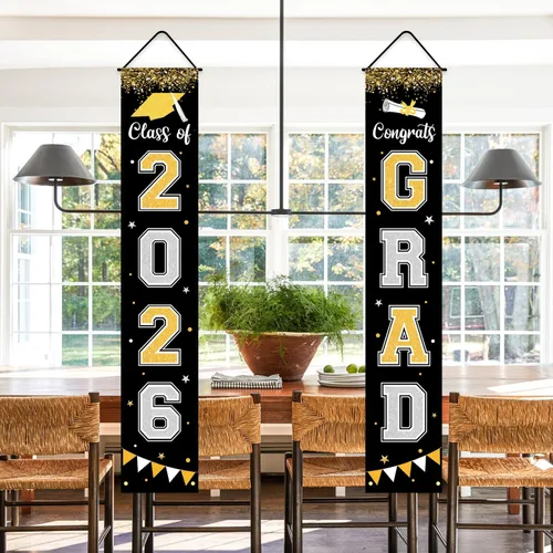 Miniatura 6 de Bandera de decoración de graduación 2025 GRAD Bandera negra para porche y puerta de bienvenida para pared interior y exterior, decoración