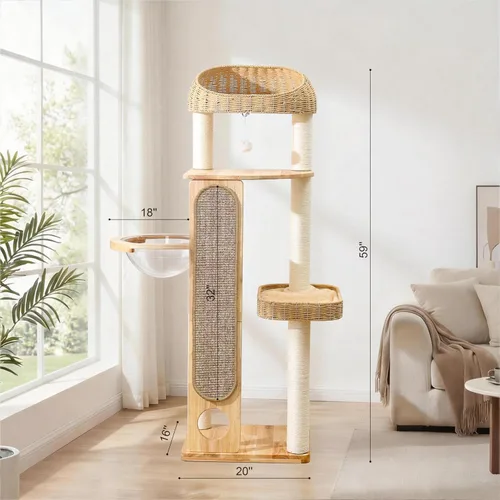 Miniatura 7 de Árbol para gatos de 59 pulgadas, torre para gatos con poste rascador, manta de sisal extra larga, cesta tejida a mano y nido de cápsula espacial