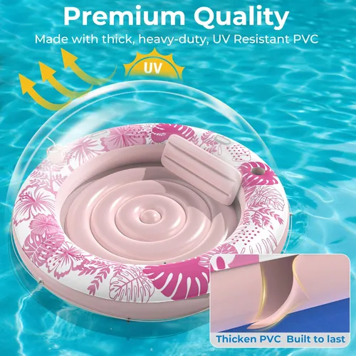 Miniatura 6 de Inflatable Tanning Pool Lounger Float with Protection Tarp, 75" x 75" Pool Floats Adult with Pillow, 6 in 1 Suntan Tub Raft Floatie, Sunbathing Rosa