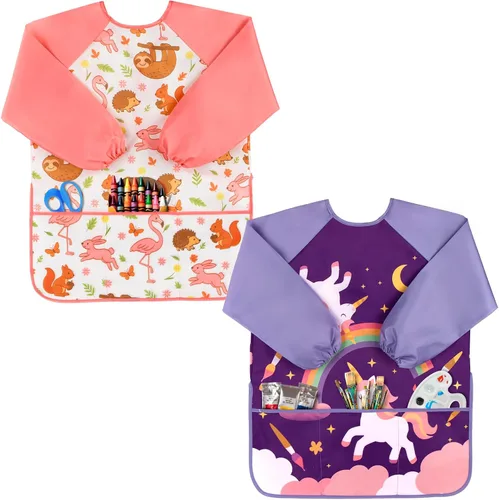 Miniatura 10 de Oiomniv Delantal de Arte para Niños – Delantal de Pintura de Manga Larga Impermeable con 3 Bolsillos, Delantal Lavable para Niños Pequeños y Niños