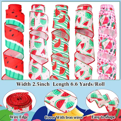 Miniatura 3 de Woanger 10 Rollos de Cinta con Borde de Alambre a Rayas de Sandía y Cinta de Malla para Envoltorio de Regalos DIY de Verano, Manualidades, Corona