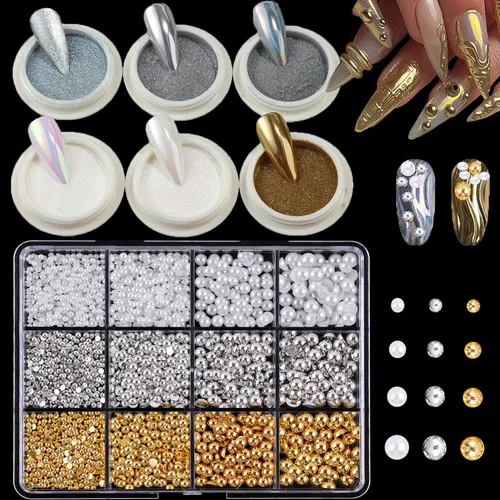 Kit de polvo de uñas cromado con dijes de perlas de parte trasera plana, brillo de uñas cromado plateado, polvo de uñas cromado dorado para diseño
