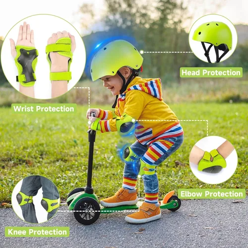 Miniatura 7 de Conjunto de casco de bicicleta para niños pequeños con rodilleras, casco de ciclismo ajustable para niño y niña, equipo de protección Verde