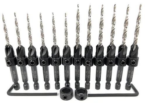 Miniatura 18 de FTG USA Juego de 12 brocas avellanadoras #8 (11/64 pulgadas) con collar de tope de profundidad, llave hexagonal, brocas cónicas para madera