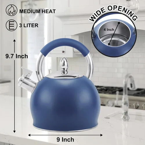 Miniatura 3 de Tetera silbante para estufa, tetera de acero inoxidable con mango ergonómico de silicona, tetera para estufa, 3.2 cuartos de galón / 3 litros, azul