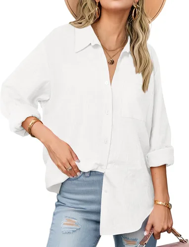Zeagoo - Blusas de lino con botones para mujer, de gasa, algodón, manga larga, blusas informales con cuello, corte holgado