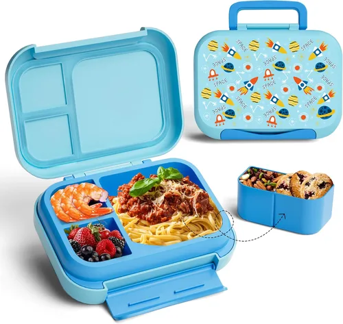 Miniatura 8 de Lonchera Bento para niños, con 4 compartimentos en forma de tostada, contenedor de 31 onzas con taza de salsa y utensilios (a partir de 3 años), a