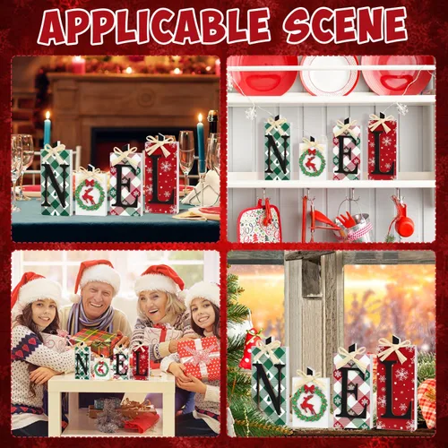 Miniatura 7 de Decoraciones navideñas de madera de Noel, 4 piezas de decoración rústica de mesa de Navidad, mesa independiente de Navidad, mesa de centro de mesa