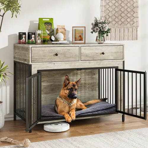 Miniatura 12 de LEMBERI Mueble de jaula para perros grande de 44 pulgadas, mesa auxiliar de madera para perros con cajones de almacenamiento, jaula decorativa