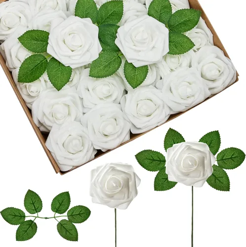 InnoGear Flores artificiales, paquete de 50 unidades, rosas de espuma blancas artificiales con tallos para decoración, celebración, bricolaje, ramos