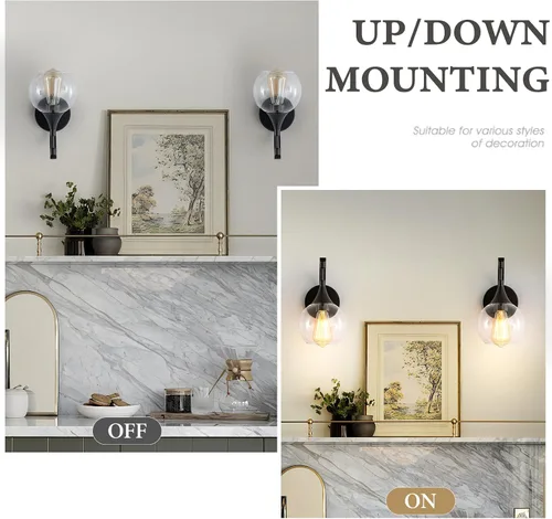 Miniatura 4 de Aplique de Pared Negro, Accesorios de Luz de Tocador Modernos con Pantalla de Vidrio Transparente de 4.9 Pulgadas, Luces de Pared de Estilo Rústico