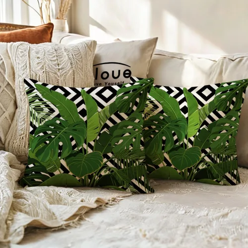 Miniatura 5 de ULOVE LOVE YOURSELF Paquete de 2 fundas de almohada cuadradas decorativas con diseño de hojas verdes tropicales con fondo geométrico, fundas