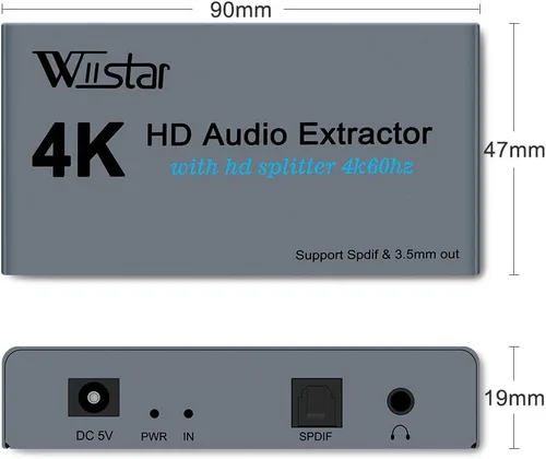 Miniatura 3 de Wiistar Extractor de audio HDMI 4K, divisor HDMI 1x2 4K60Hz con salida de audio óptico + 0.138 in, divisor HD, 1 en 2 salidas, soporte HD 1.4 HDCP