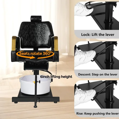 Miniatura 7 de Silla de pedicura con taburete y baño de pies de masaje, estación de pedicura giratoria de 360°, altura ajustable hidráulica, sin fontanería