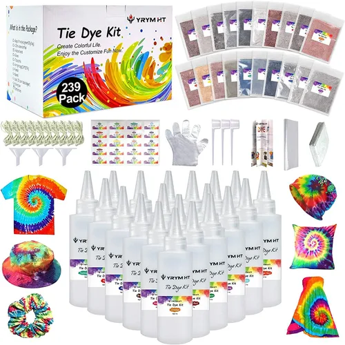 Kit grande de teñido anudado para niños y adultos – Paquete de 239 kits permanentes de teñido anudado para ropa, manualidades, tela, textil, fiesta,