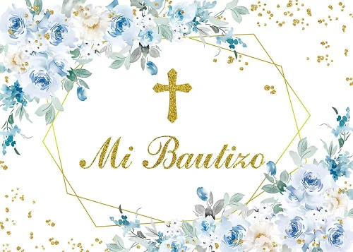 Miniatura 2 de Mi Bautizo - Telón de fondo para fiesta de bautismo mexicano, 7 x 5 pies, Dios bendiga la primera comunión, fondo azul flor niño bautismo banner