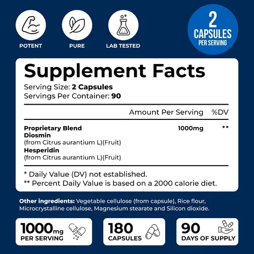 Miniatura 5 de We Like Vitamins Diosmina Hesperidina 1000 mg – 180 cápsulas – Suministro para 90 días – Suplemento de diosmina y hesperidina – Ayuda a apoyar