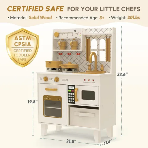 Miniatura 6 de BIERUM Juego de cocina con luces y sonidos realistas, juego de cocina de madera para niños pequeños, cocina de juguete con 26 accesorios de comida