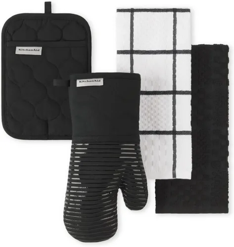 KitchenAid Manopla de horno de tela de rizo de algodón acolchado, agarradera para ollas, juego de 4 piezas con toalla de cocina, resistente al Negro