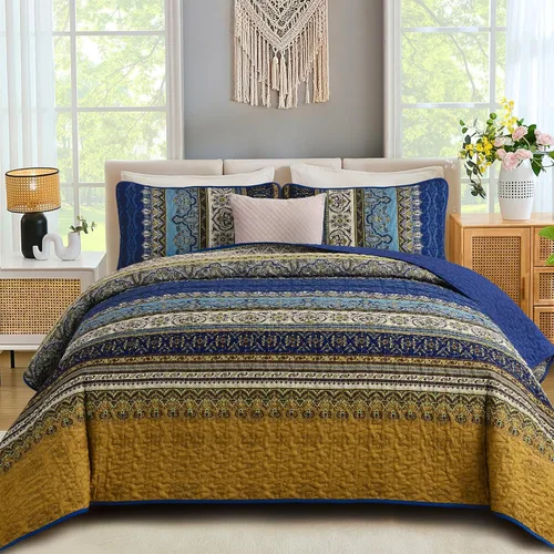 Miniatura 28 de WONGS BEDDING Juego de Colcha Morada Tamaño King, Juego de Colchas Bohemias a Rayas de 3 Piezas, Colcha Ligera de Microfibra para Todas las Púrpura