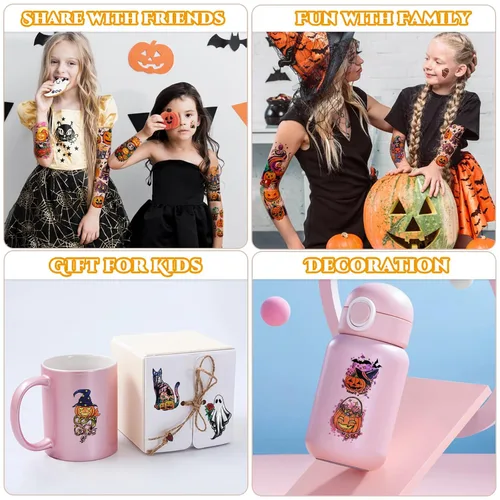 Miniatura 5 de Tatuaje temporal de brazo completo para niños, 52 hojas de tatuajes falsos de Halloween realistas para niños y niñas, recuerdos de fiesta