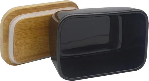 Miniatura 7 de Mantequillera con tapa, recipiente de porcelana con tapa de madera para mantequilla, apto para microondas, contenedor de almacenamiento