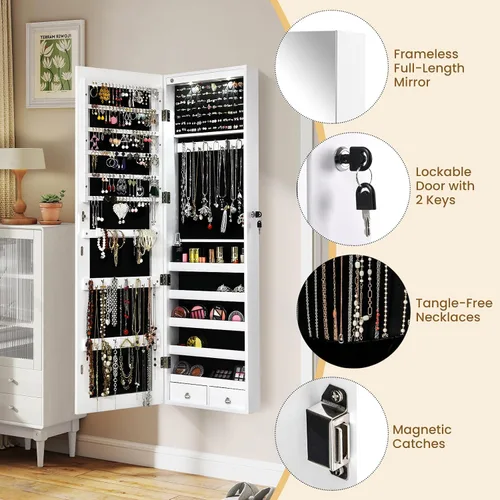 Miniatura 68 de Giantex Armario de joyería para puerta de pared con espejo de longitud completa, 2 LED con cerradura grande organizador de joyas con espejo ancho