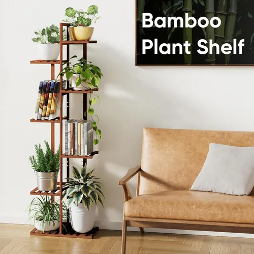 Miniatura 6 de ROSSNY Soporte para Plantas de Interior de 55 Pulgadas de Alto, 7 Niveles 8 Macetas Soporte para Plantas de Bambú para Plantas de Interior, Soporte