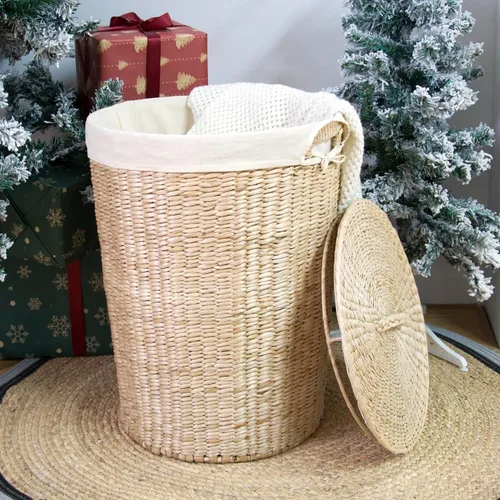 Furnnylane Cesta de mimbre tejida a mano con tapa, 20 galones (75 L) Cesta grande para lavandería con forro extraíble para lavandería y decoración