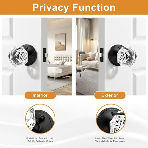 Miniatura 4 de Gobrico Pomo de puerta de cristal para dormitorio y baño con roseta clásica negro mate, diamante transparente octogonal para puerta interior, 1