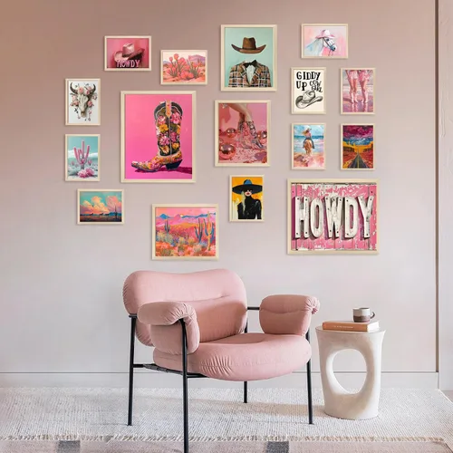 Miniatura 6 de Aroutde Decoración de Pared de Vaquera Rosa, Arte de Pared de Lienzo de Vaquera Occidental Estético Decoración de Habitación Rosa Preppy Cuadros