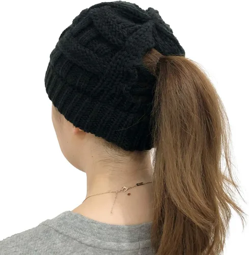 Miniatura 4 de DANMY Gorro de cola de caballo para mujer, gorro de moño con agujero para cola de caballo, gorro de punto cálido de invierno
