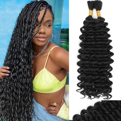 Miniatura 36 de Mezcla de cabello humano trenzado sintético bohemio para trenzar, 16 pulgadas de onda profunda a granel para trenzas bohemias, 2 piezas de cabello 1b