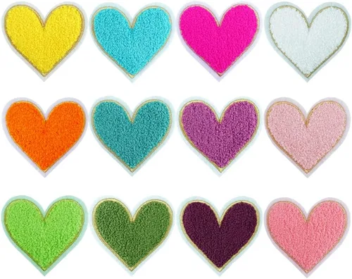 SaktopDeco 12 parches de felpilla para planchar con corazón, parches bordados, parches para coser para chaquetas, jeans, sombreros, bolsas, ropa