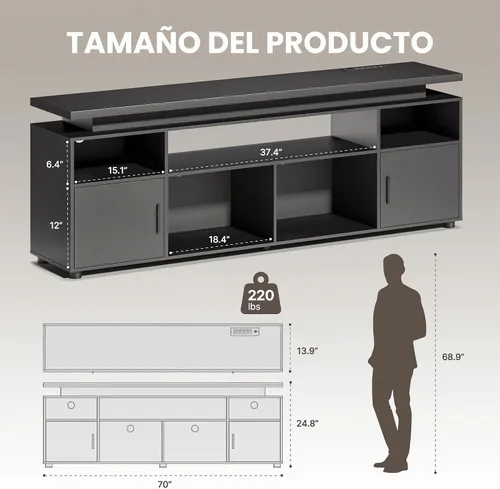 SUNCOZE Soporte de TV, centro de entretenimiento con luces LED y gabinete para TV de 70/75/80 pulgadas, consola de TV moderna para juegos y medios