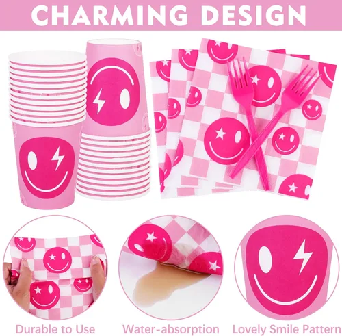 Miniatura 4 de durony 144 Piezas Decoraciones de Cumpleaños Preppy Cara Sonriente Rosa Juego de Vajilla Platos Sonrientes Preppy Tazas Servilletas y Tenedores