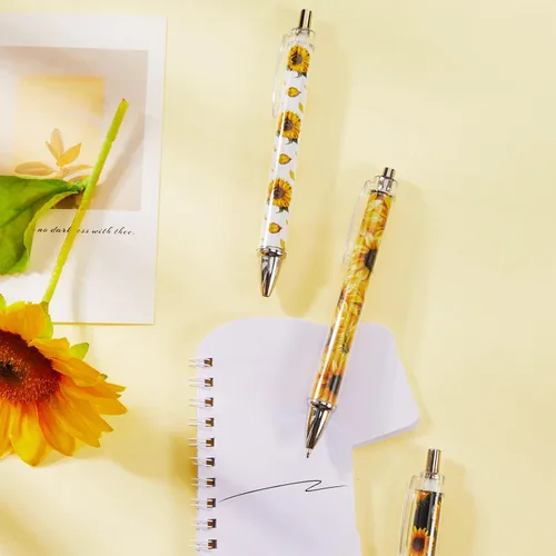 Miniatura 4 de Qilery 30 bolígrafos de girasol retráctiles a granel de flores amarillas florales creativas para plantas, bolígrafo de tinta negra, punta media