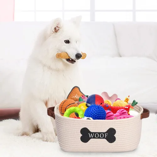 Miniatura 7 de Cesta de almacenamiento de juguetes de cuerda de algodón para perros, tamaño mediano, contenedor de juguetes para perros con asa, organizador