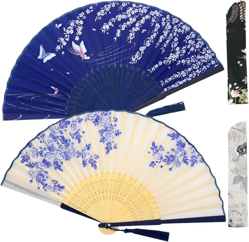 Zolee 2 abanicos de mano plegables pequeños para mujer, abanicos chinos japoneses de seda de bambú vintage, para baile, actuación, decoración, boda,