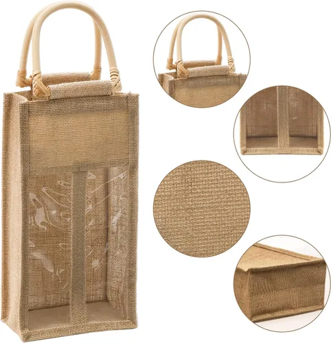 Miniatura 3 de Peohud Paquete de 2 bolsas de arpillera para botellas de vino, 4 botellas de yute para vino, bolsas de regalo de embalaje vintage con ventana y asa