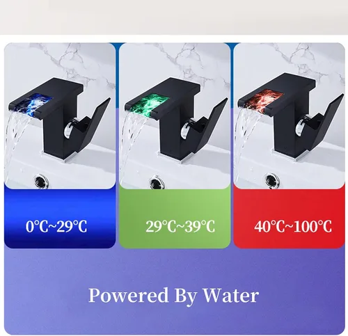 Miniatura 4 de Grifo de baño con luz LED RGB, boquilla de cascada, color negro, 3 colores cambiantes, mango de un agujero, conjunto de drenaje a juego