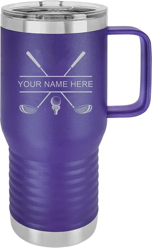 Miniatura 4 de Vaso aislado de acero inoxidable de doble pared con grabado personalizado para palos de golf y golfista, taza de café de viaje de 20 onzas, asa