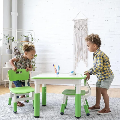 Miniatura 9 de ECR4Kids Mesa de actividades cuadrada de borrado en seco con 2 sillas, ajustable, muebles para niños, verde hierba, 3 piezas Verde (Grassy Green)
