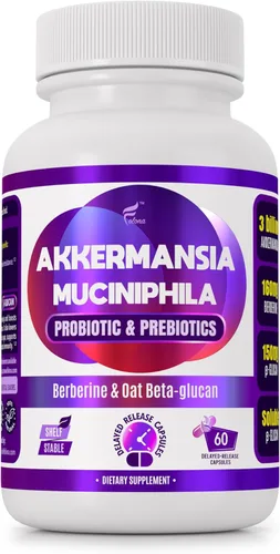 FOLONA Probiótico Akkermansia GLP-1 de liberación retardada con berberina y fibra prebiótica beta-glucano soluble; 3 mil millones de AFU, 60
