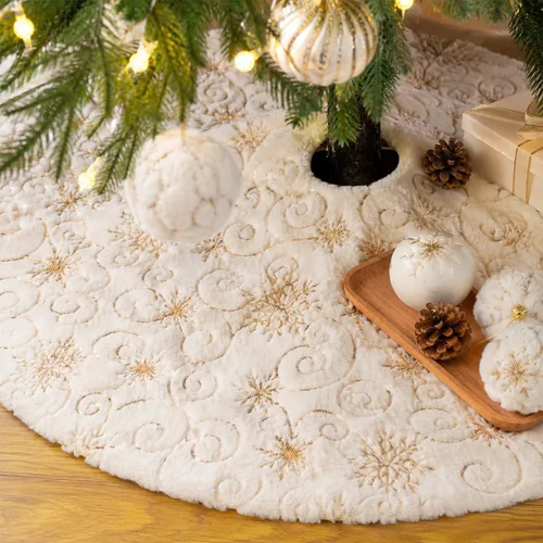 Miniatura 34 de Faldones de Felpa para Árbol de Navidad, 24 pulgadas, Lujosa Cubierta de Base de Árbol de Navidad de Piel Sintética Negra con Copos de Nieve Dorados